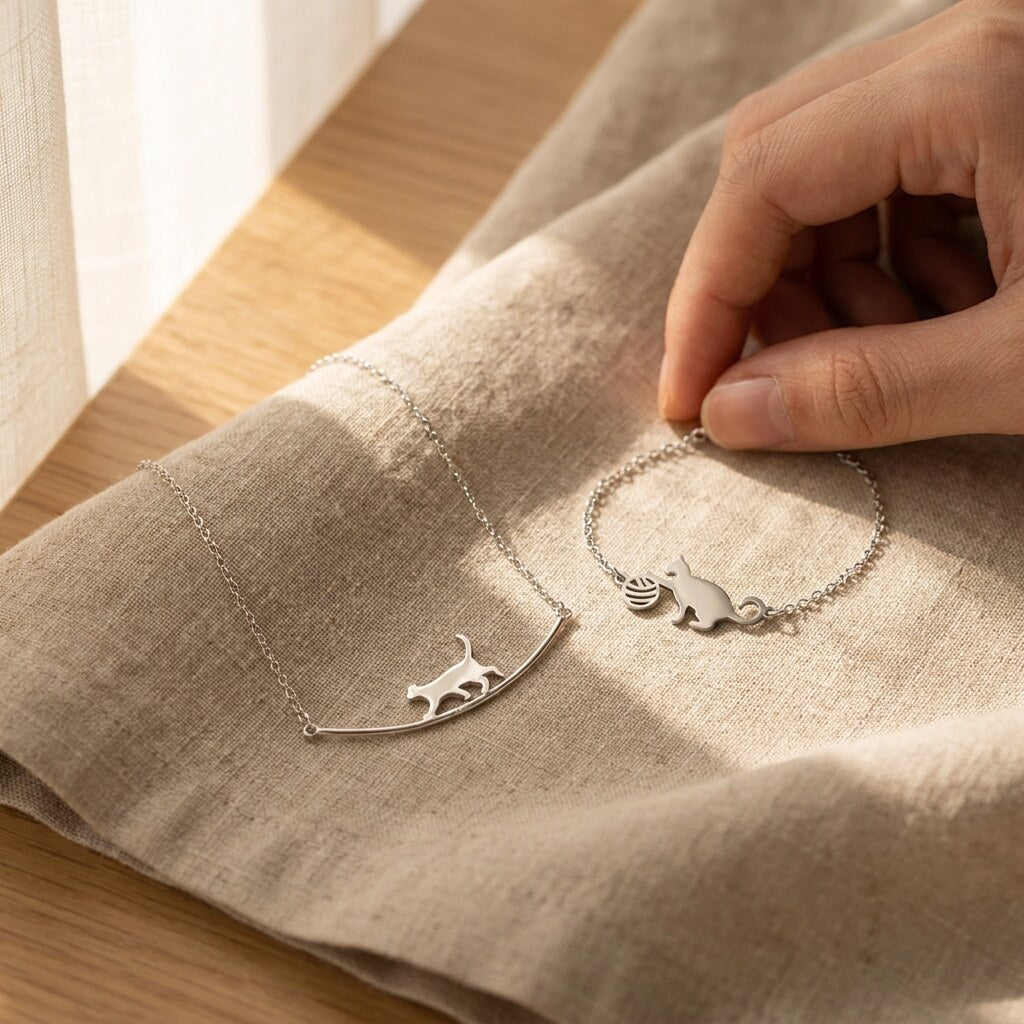 Walking cat necklace and cat bracelet set on linen