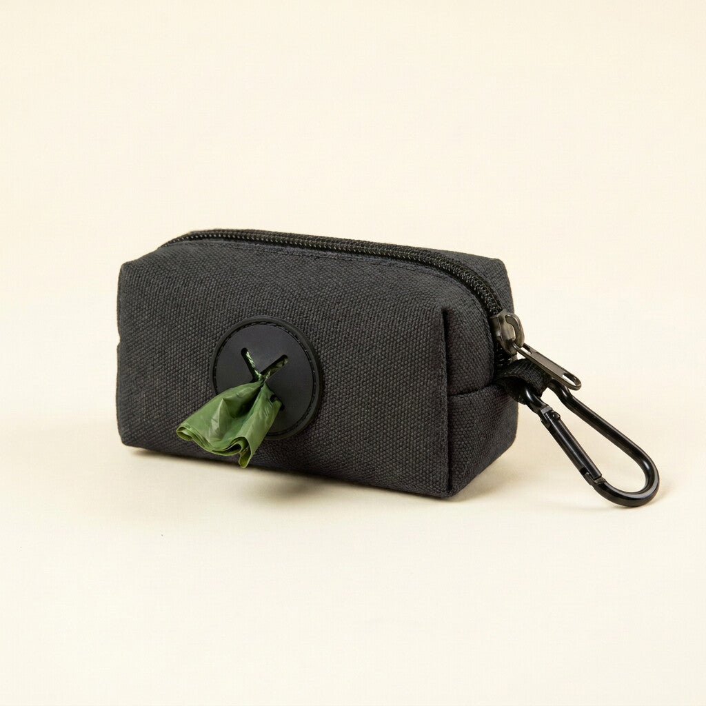 Dog poop bag holder in Black with carabiner clip