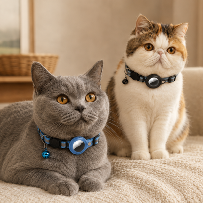 Two cats, one gray and one with a multicolor coat, sitting on a couch in a cozy living room.