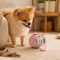Small dog with a pink and silver ball toy on a carpeted floor.