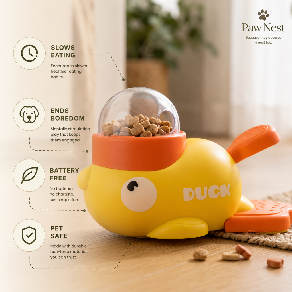 Yellow duck-shaped pet toy with transparent top on a wooden surface, featuring text about its benefits.
