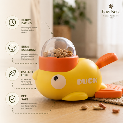 Yellow duck-shaped pet toy with transparent top on a wooden surface, featuring text about its benefits.