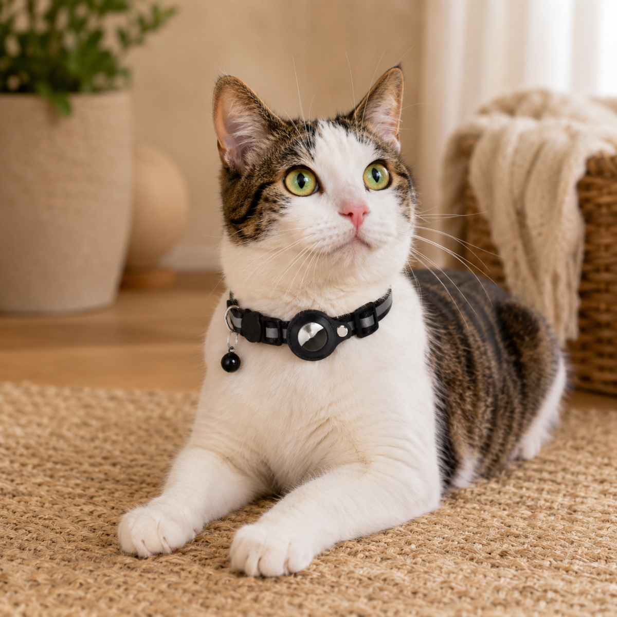 Cat wearing a black collar with a bell, sitting on a textured surface.