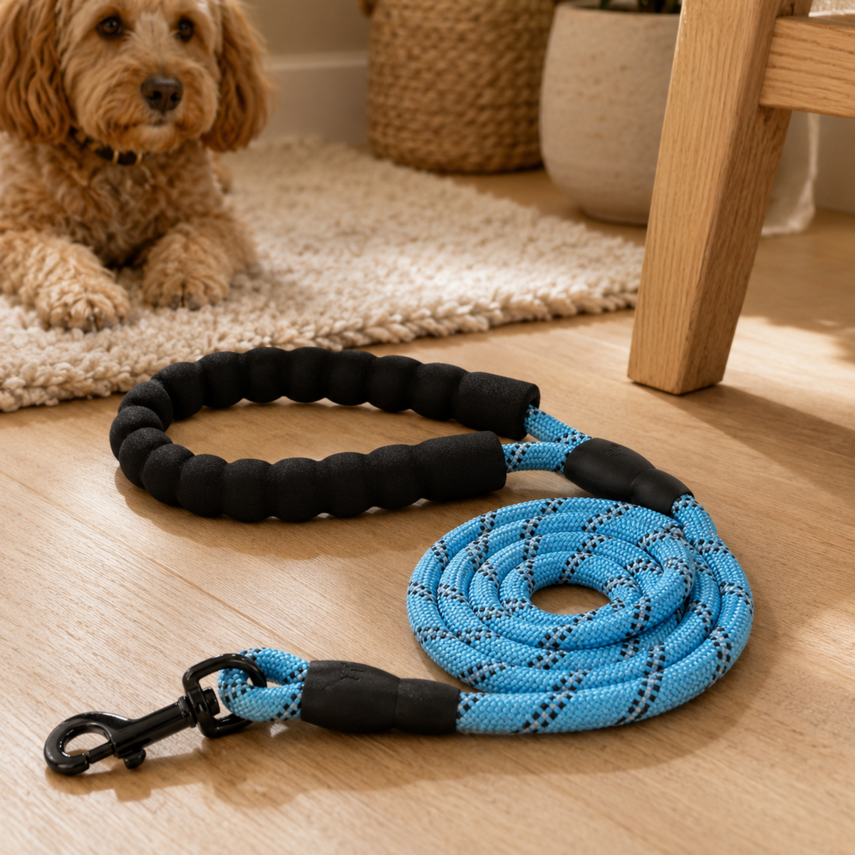 Dog leash with black and blue design on a wooden floor, with a dog sitting nearby.