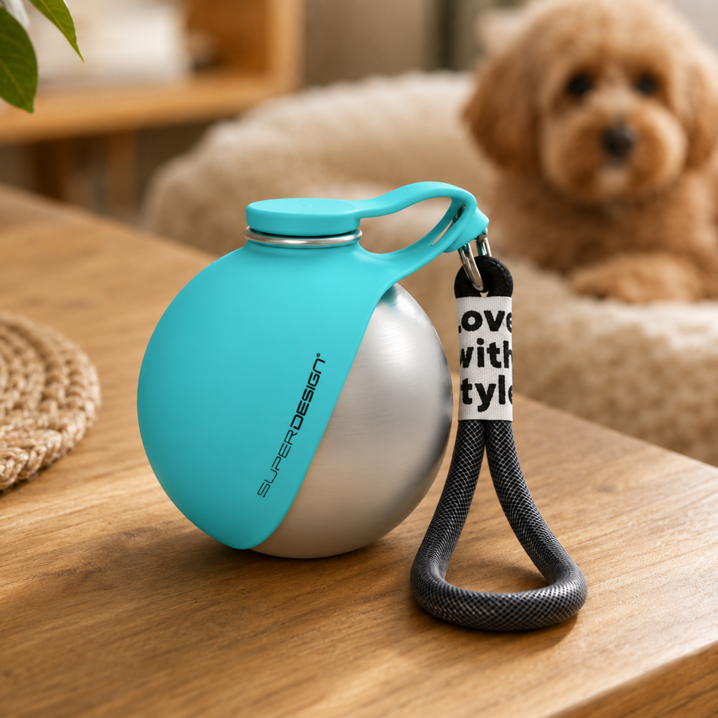 Turquoise and silver ball with a keychain on a wooden surface, dog in the background