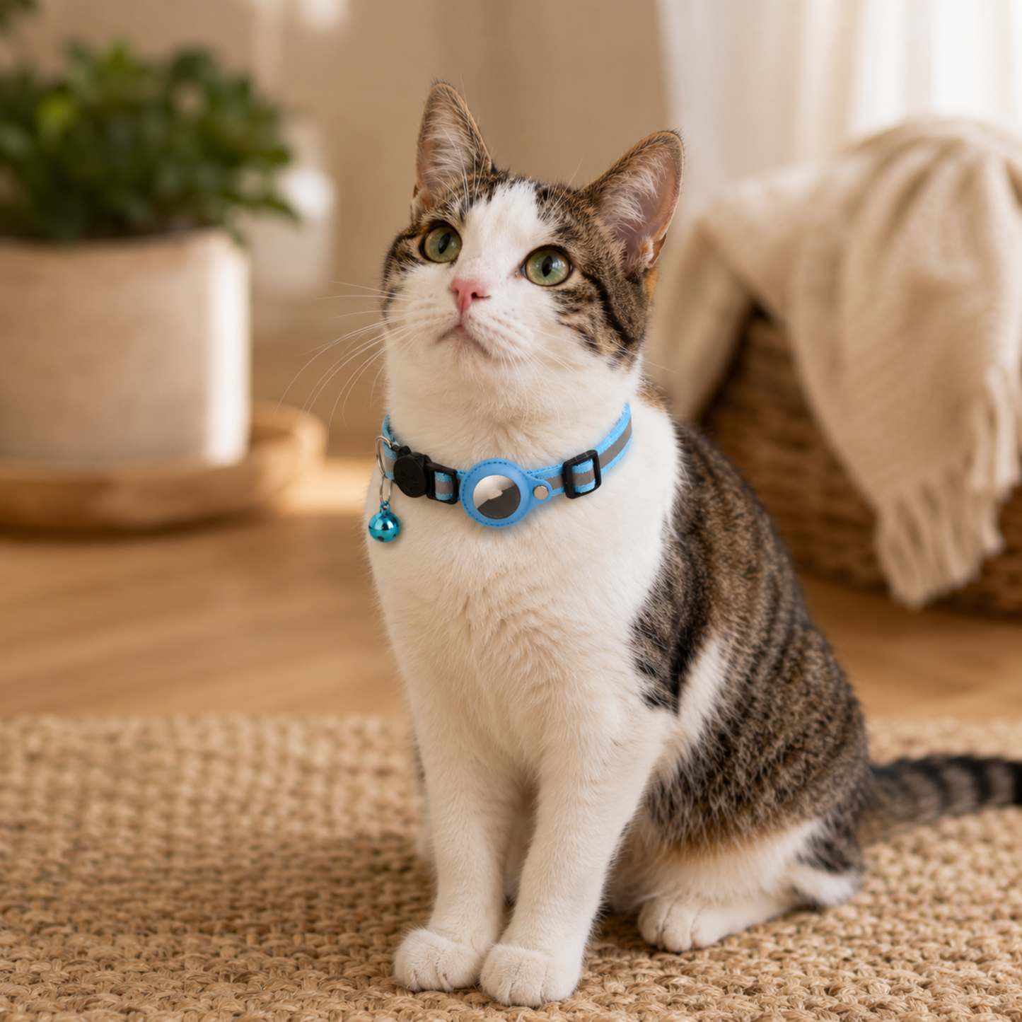 Cat wearing a blue collar with a bell, sitting on a carpeted floor.