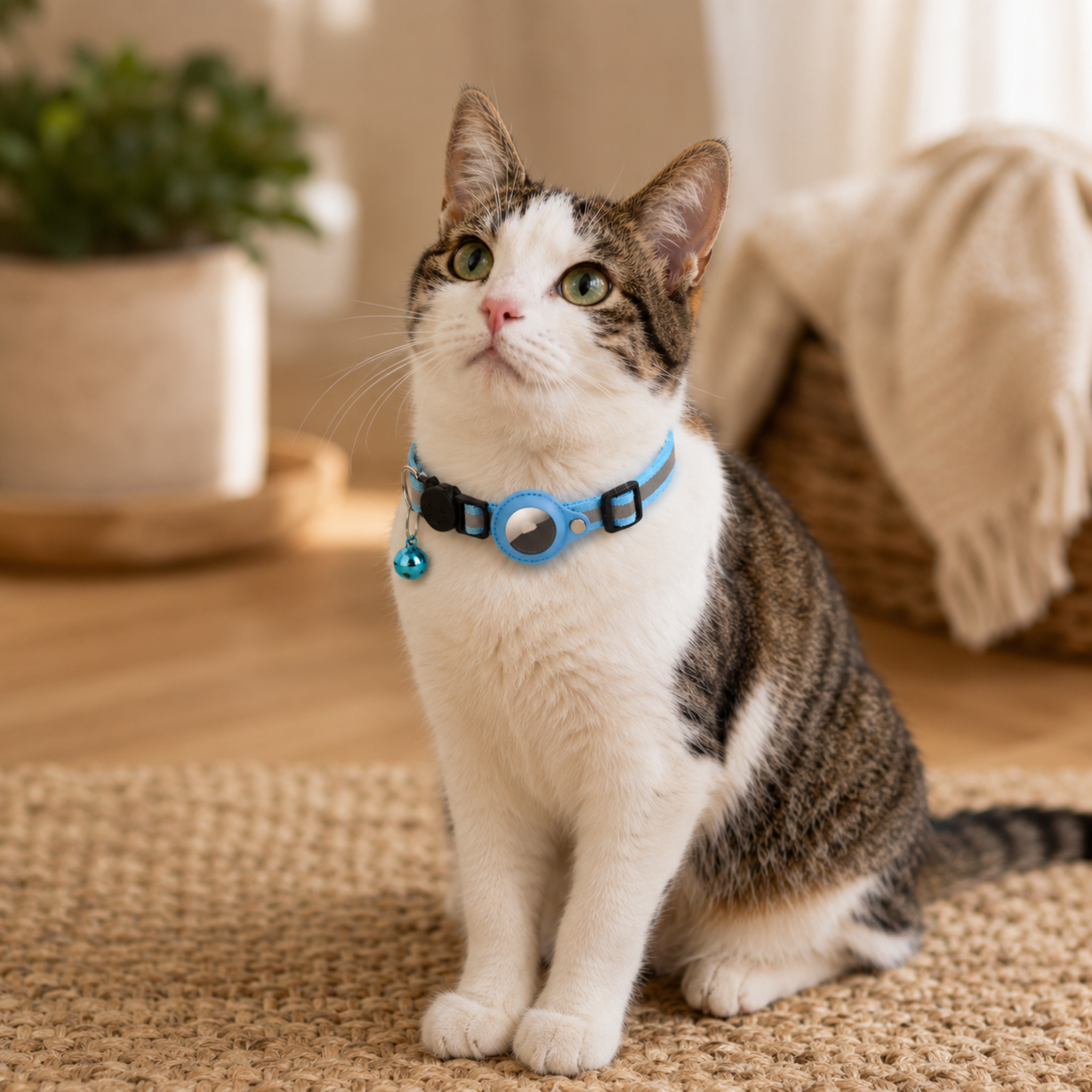 Cat wearing a blue collar with a bell, sitting on a carpeted floor.