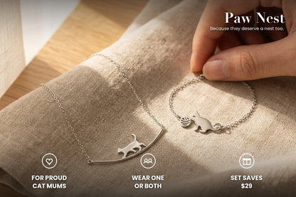 Cat mum set: walking cat necklace and cat with yarn bracelet on linen, wear one or both, set saves $29