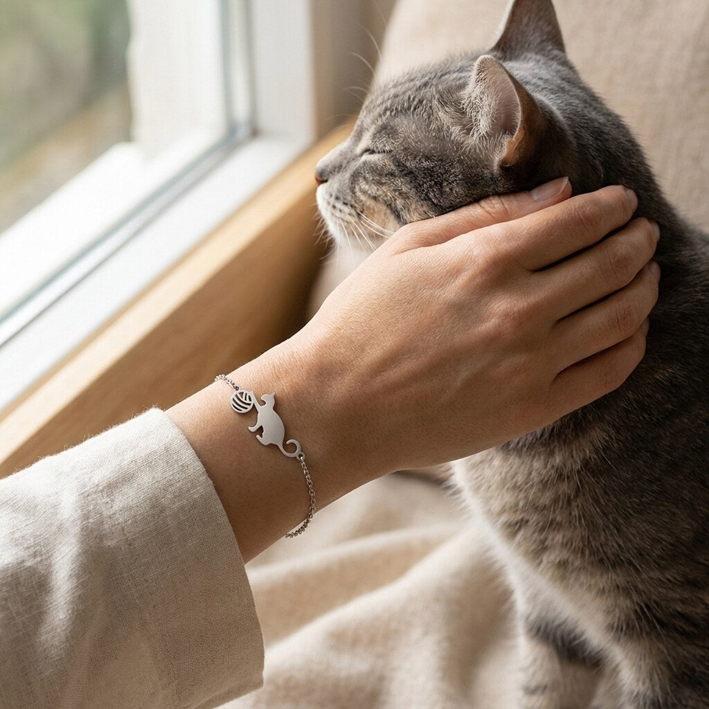 Cat with ball of yarn bracelet worn while stroking a grey cat