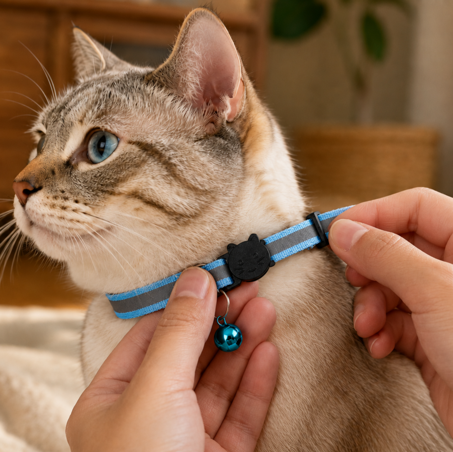 Person adjusting a blue and gray cat collar on a cat