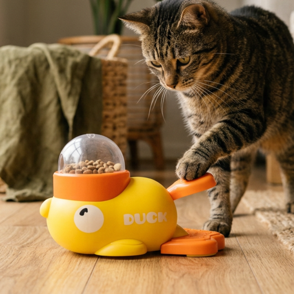 Cat using the DUCK Little Yellow Duck Feeder Toy at home