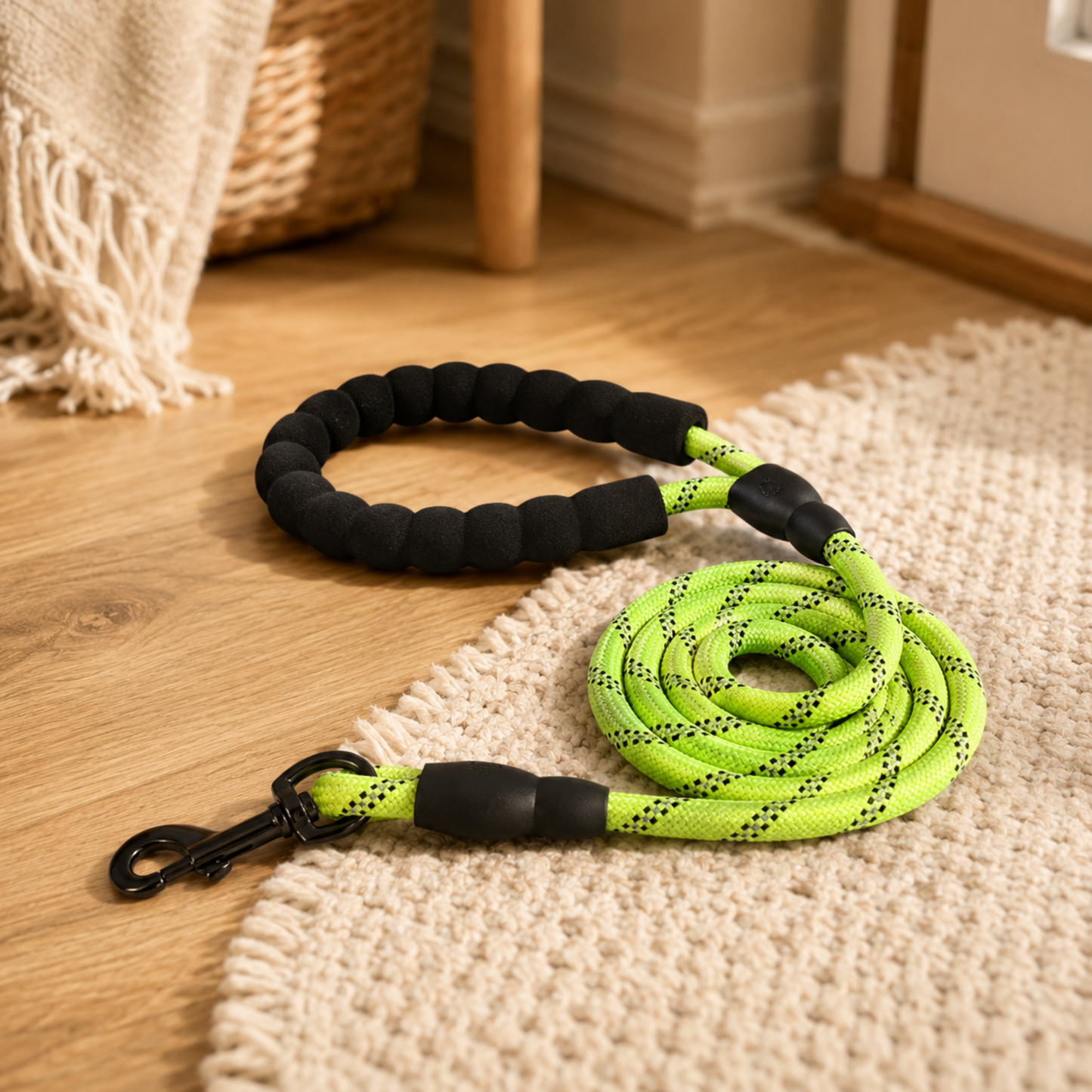 Black and green braided dog leash on a wooden floor.