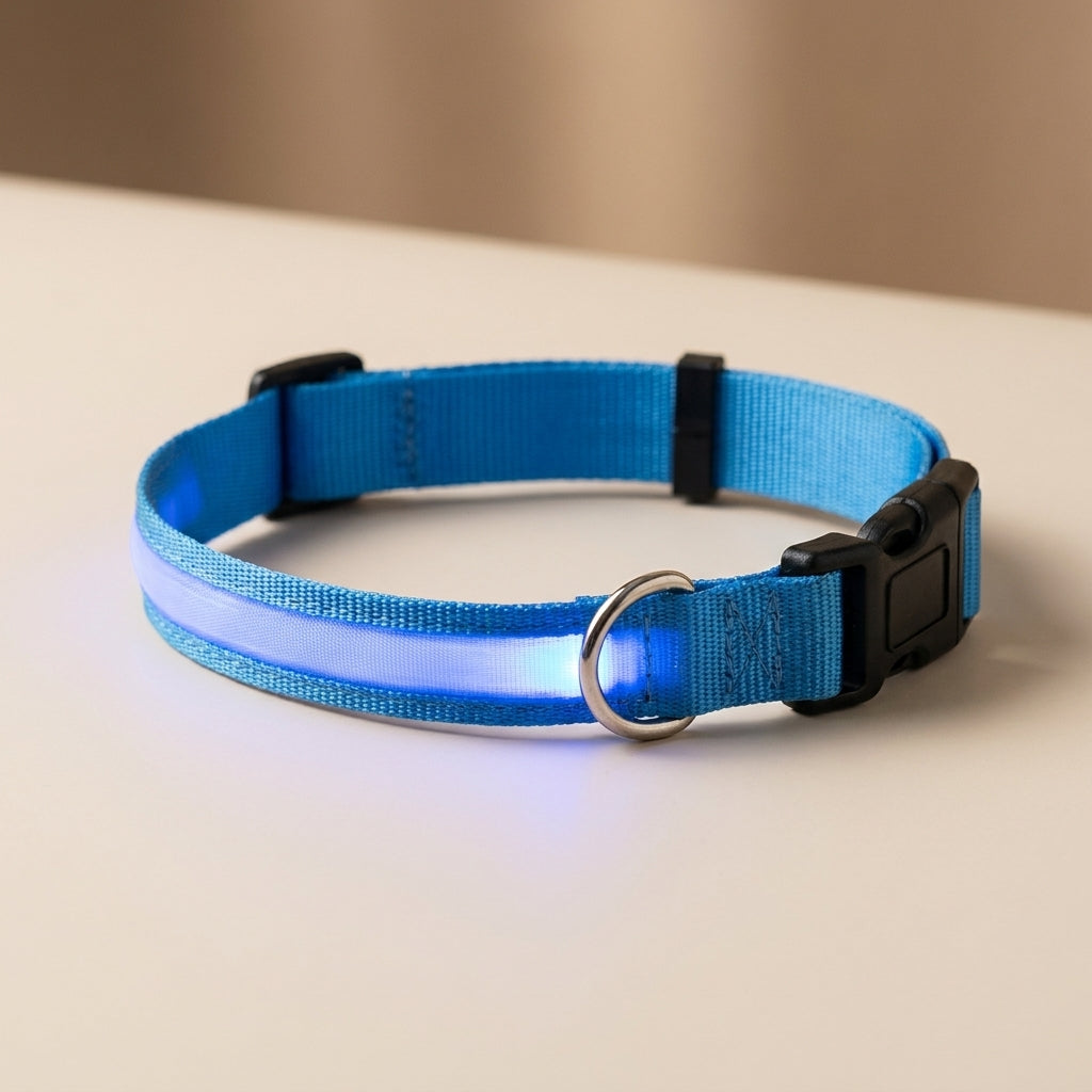 Close-up of the nylon LED dog collar showing the buckle and metal D-ring