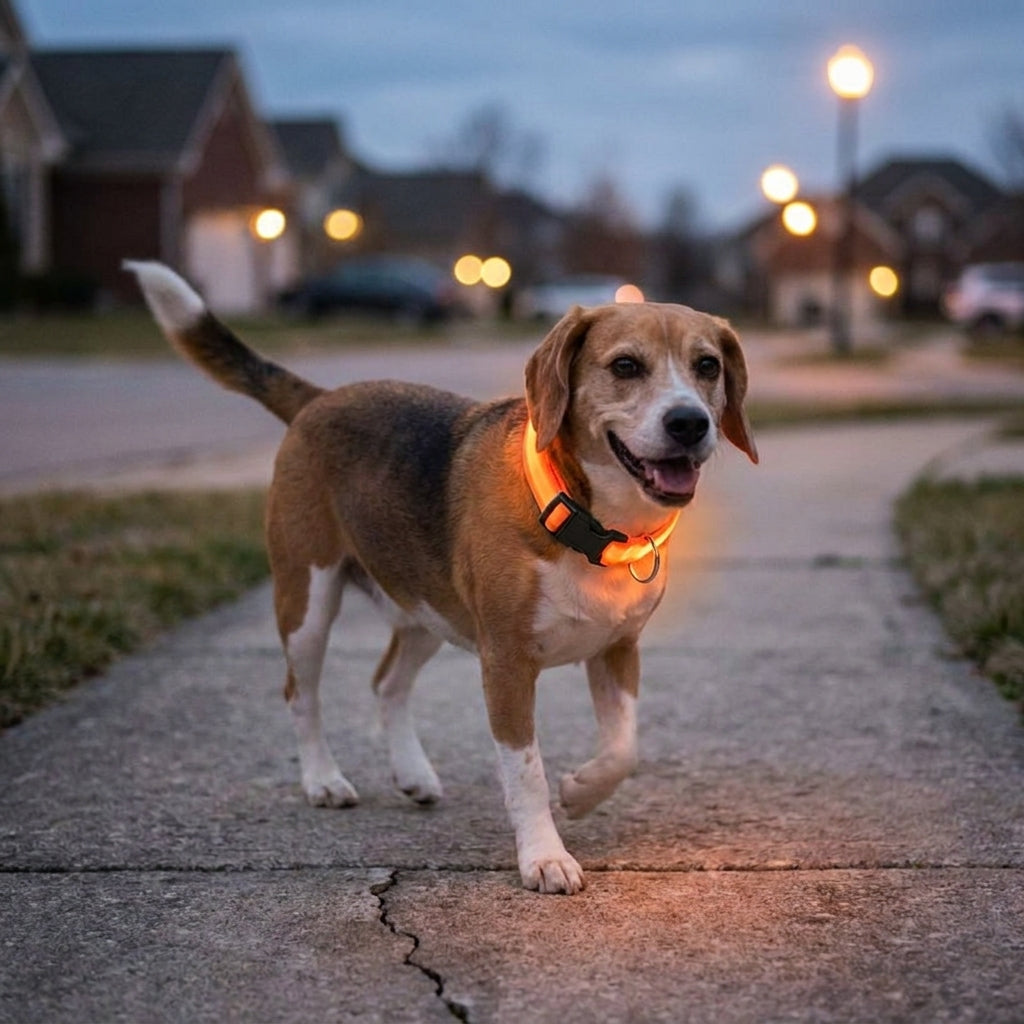LED dog collar glowing orange on a dog on an evening walk