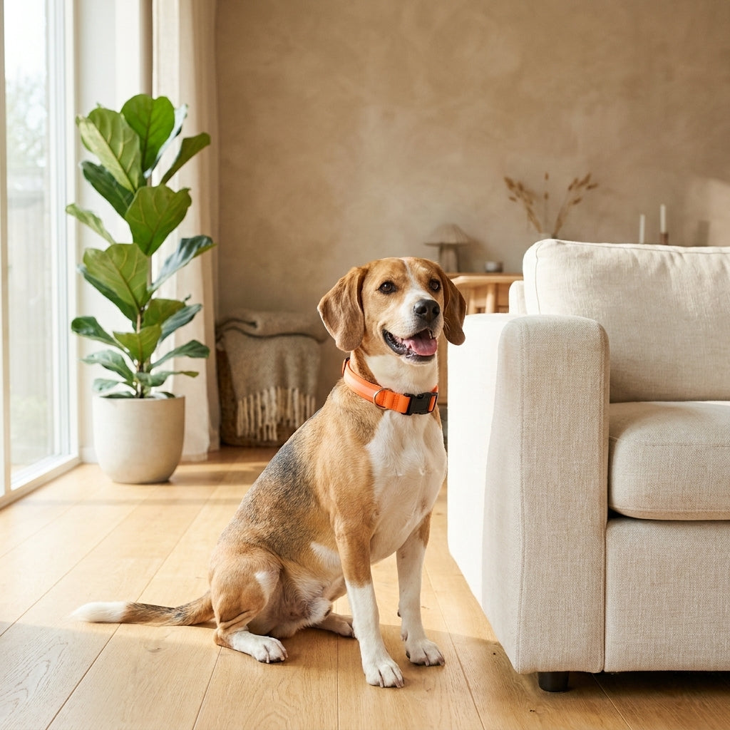 Dog wearing an LED dog collar in a bright cosy home