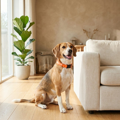Dog wearing an LED dog collar in a bright cosy home