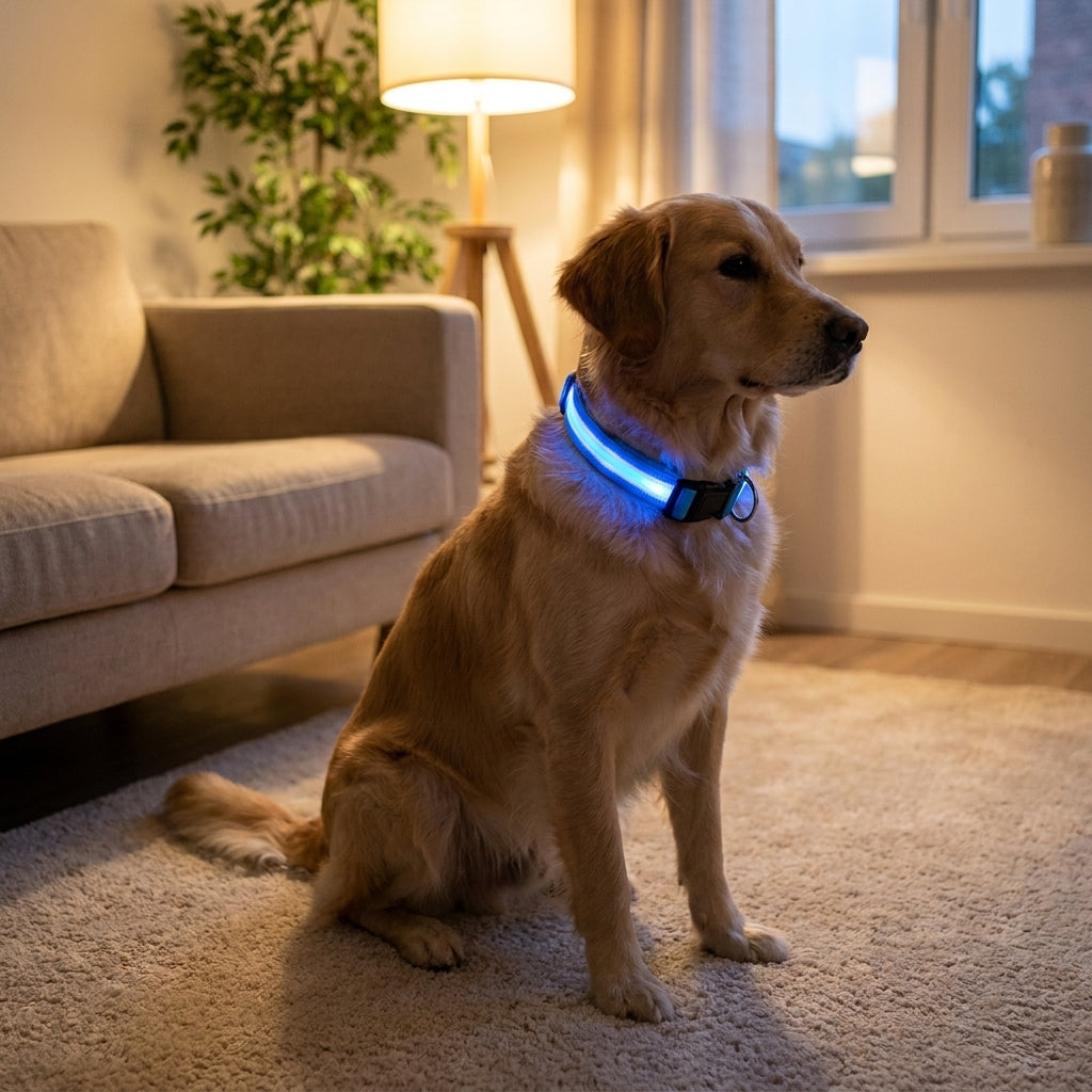 Dog wearing a blue LED dog collar in a cosy living room in the evening