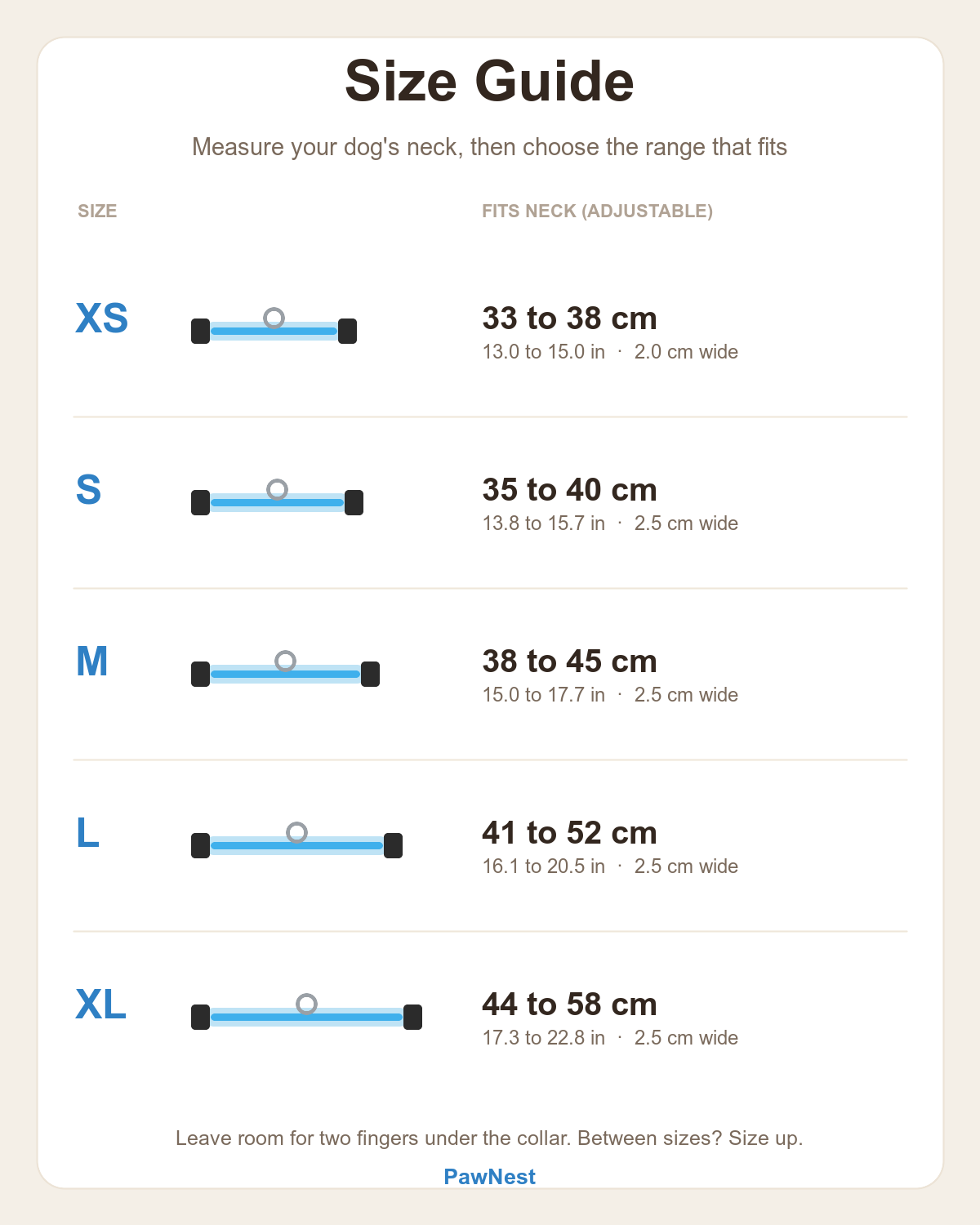 LED dog collar size guide: XS 33-38cm, S 35-40cm, M 38-45cm, L 41-52cm, XL 44-58cm