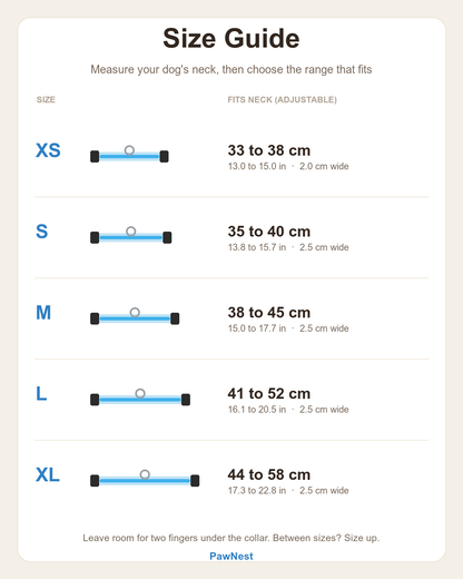 LED dog collar size guide: XS 33-38cm, S 35-40cm, M 38-45cm, L 41-52cm, XL 44-58cm