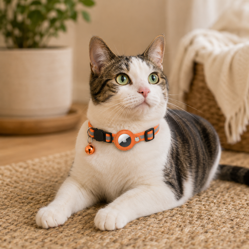 Cat wearing an orange collar with a bell, sitting on a carpeted floor.