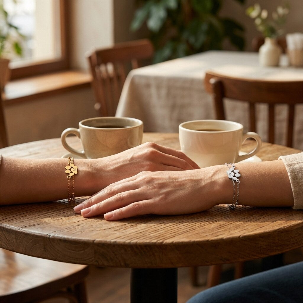 Two friends wearing matching gold and silver-tone paw bracelets