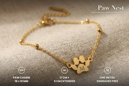 Paw print bracelet size guide: paw charm 18 x 10 mm, 17 cm chain plus 5 cm extender, one initial engraved free