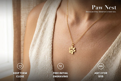 Gold-tone paw print necklace engraved with the letter M, worn: keep them close, free initial engraving, any 2 for $119