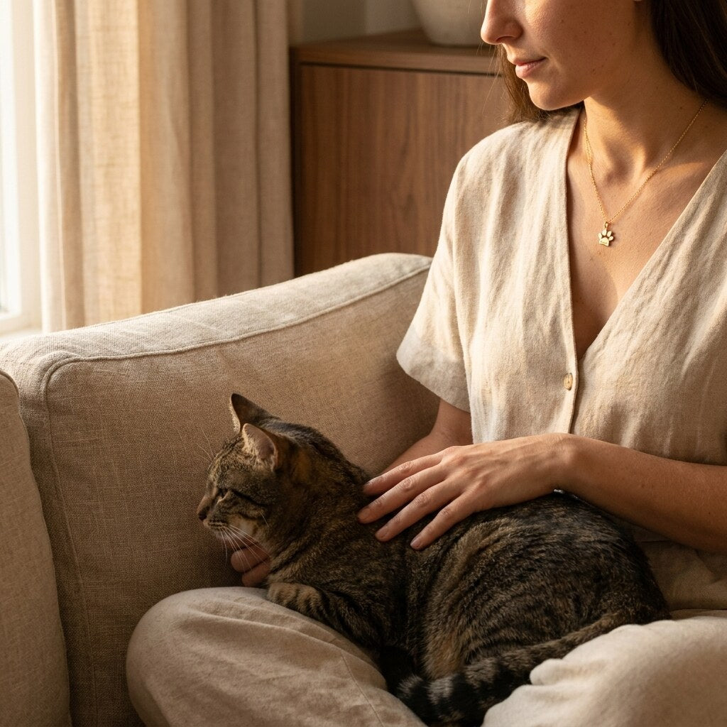Pet parent wearing the paw necklace with her tabby cat on her lap