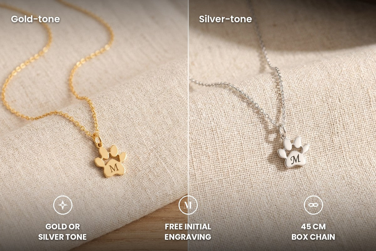 Paw print necklace in gold-tone and silver-tone side by side, free initial engraving, 45 cm chain