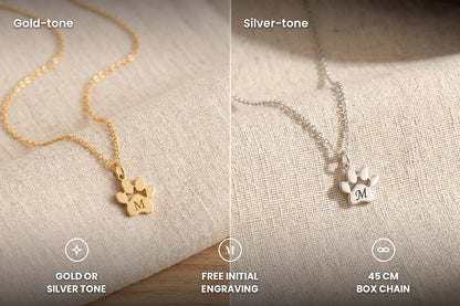 Paw print necklace in gold-tone and silver-tone side by side, free initial engraving, 45 cm chain