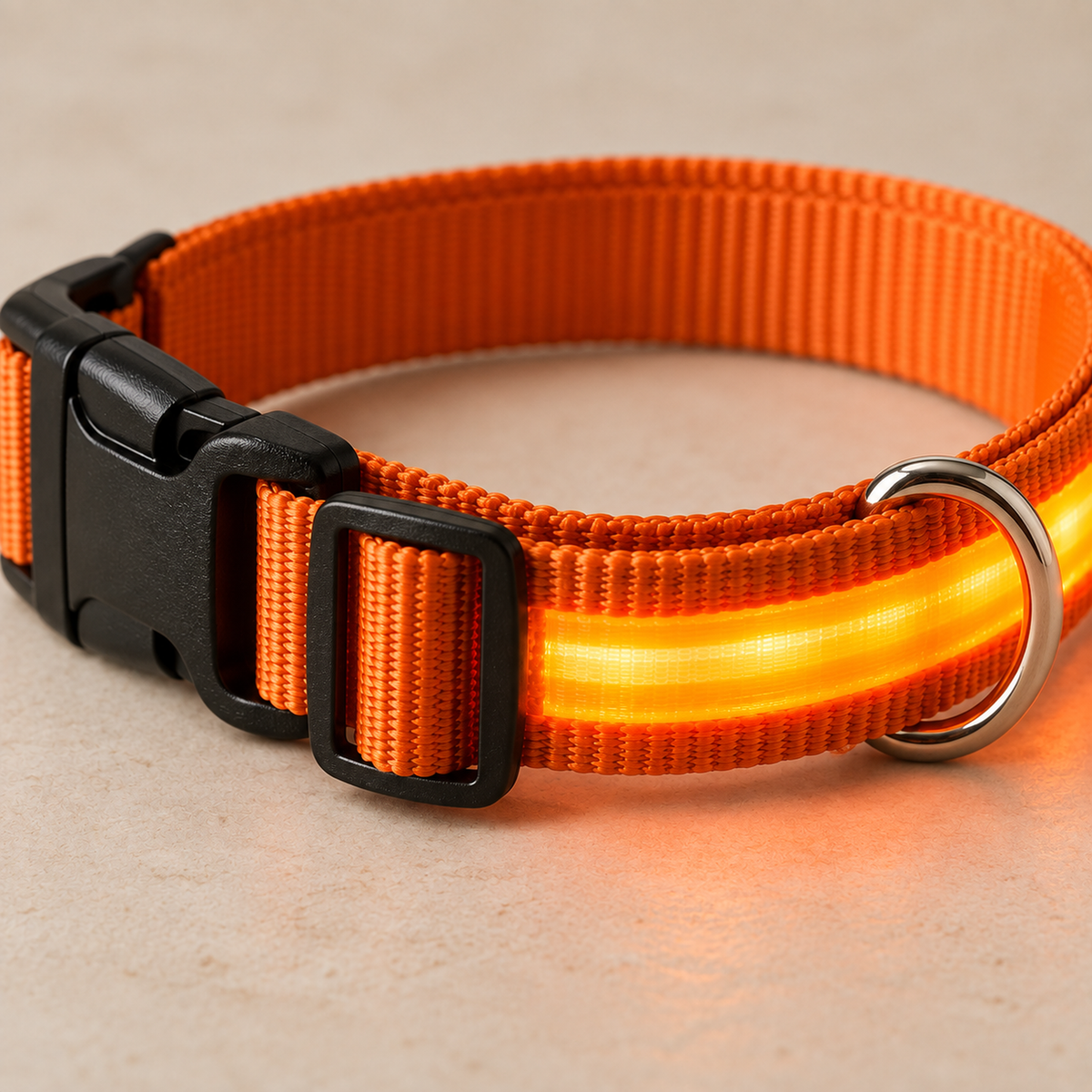 Close-up detail of orange LED dog collar hardware and nylon