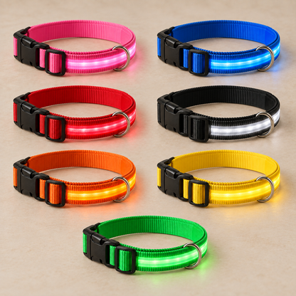 LED dog collar colour range in pink blue red black orange yellow and green