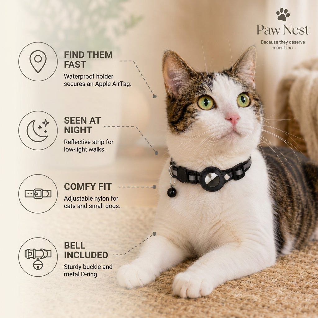 Reflective AirTag cat collar benefits: waterproof AirTag holder, reflective for low-light, adjustable fit, bell and secure buckle