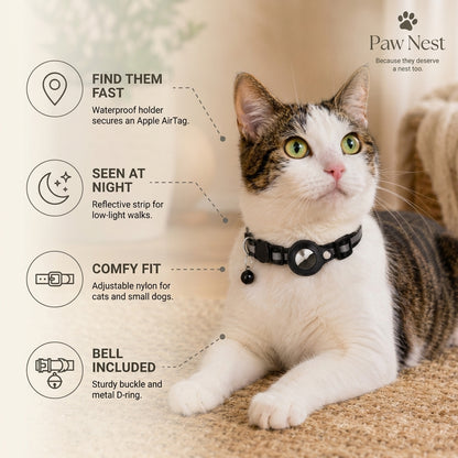 Reflective AirTag cat collar benefits: waterproof AirTag holder, reflective for low-light, adjustable fit, bell and secure buckle