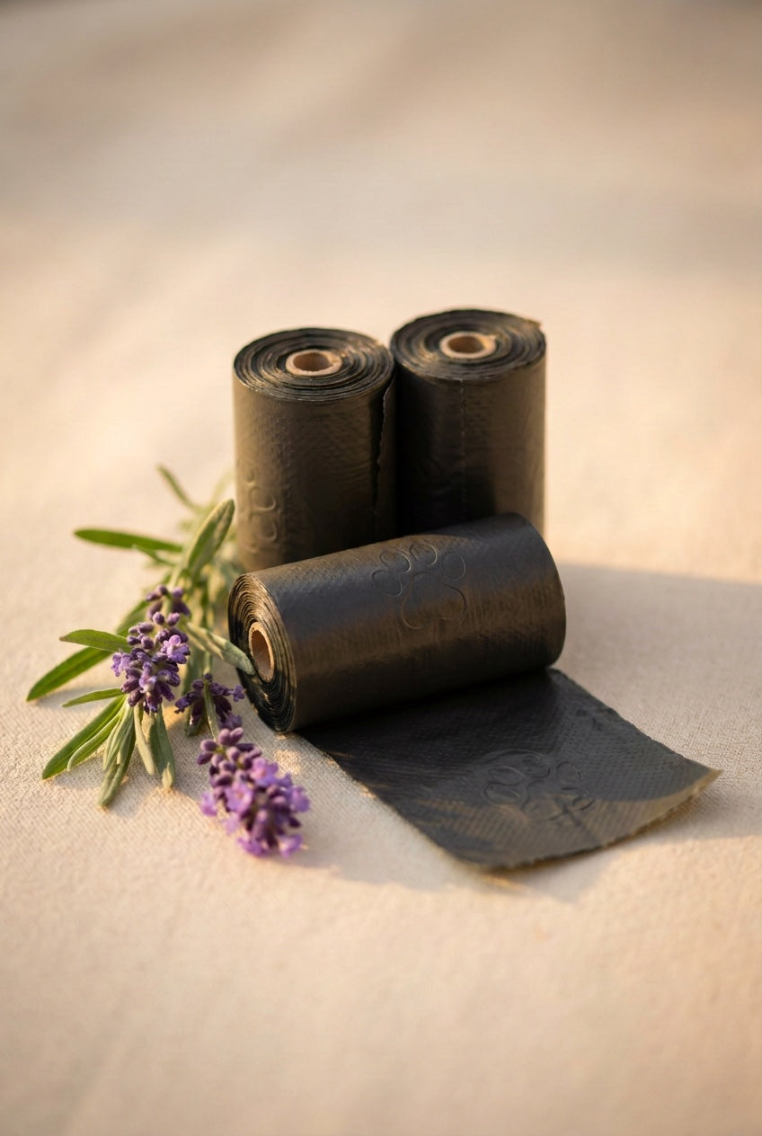 Black dog poop bag rolls with a sprig of lavender, extra-thick and leak-proof