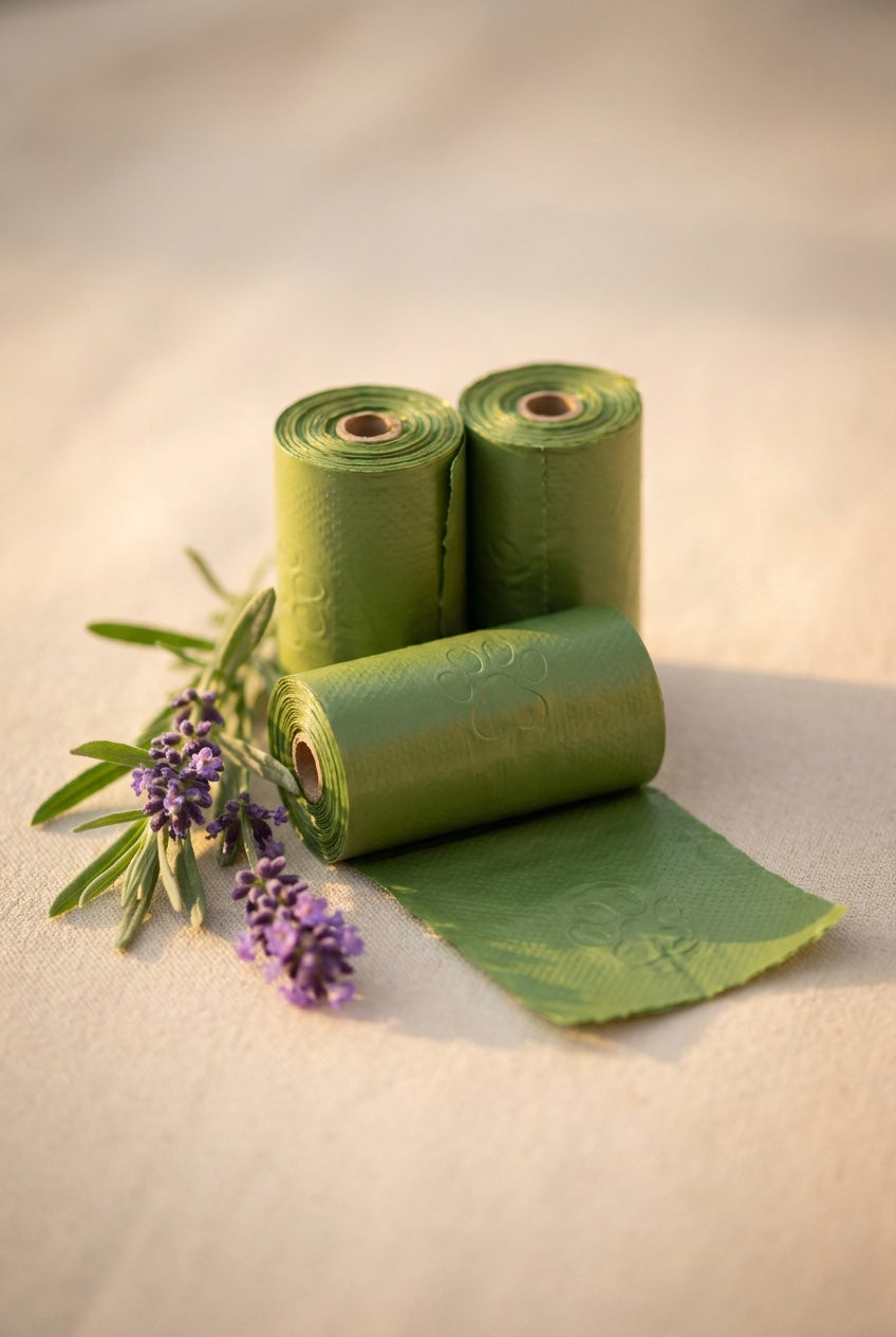 Green dog poop bag rolls with a sprig of lavender, extra-thick and leak-proof
