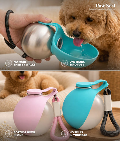 Portable pet water bottle benefits: no more thirsty walks, one hand and zero fuss, bottle and bowl in one, no spills in your bag. Available in pink and teal.