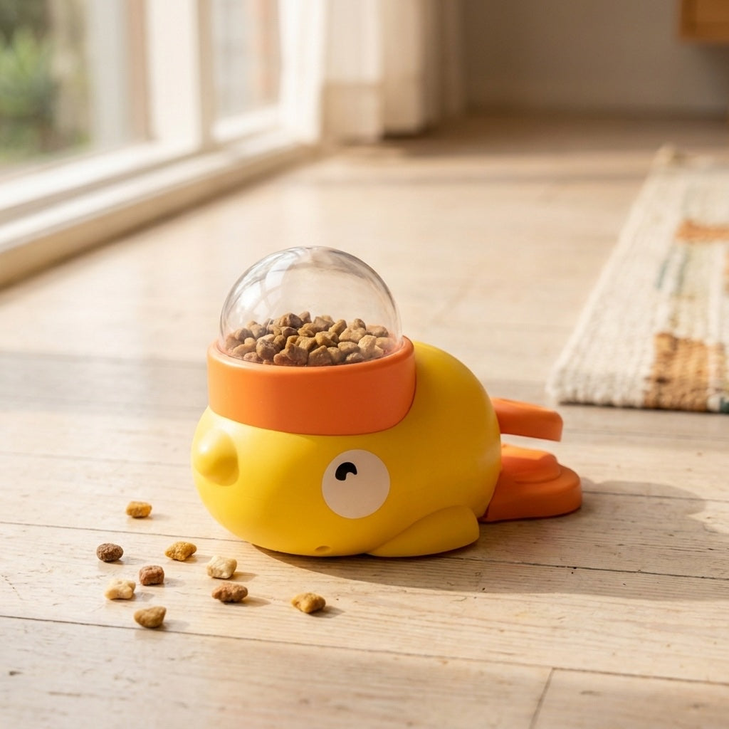 Close-up of the DUCK Little Yellow Duck Feeder Toy with kibble in the clear dome on a wooden floor
