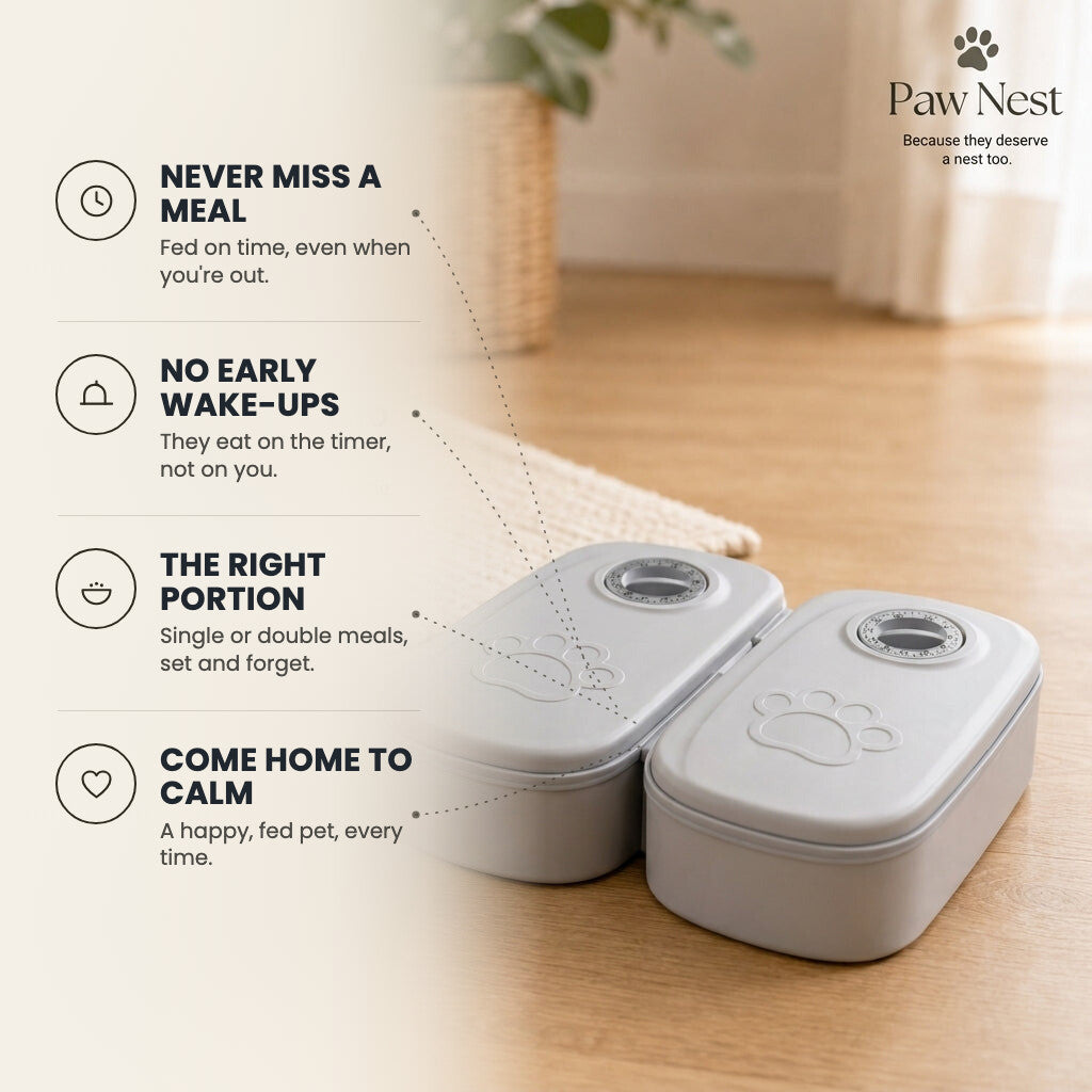 Timed pet feeder benefits: never miss a meal, no early wake-ups, the right portion, come home to calm