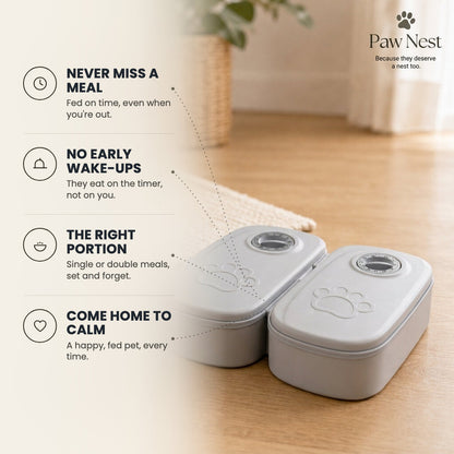 Timed pet feeder benefits: never miss a meal, no early wake-ups, the right portion, come home to calm