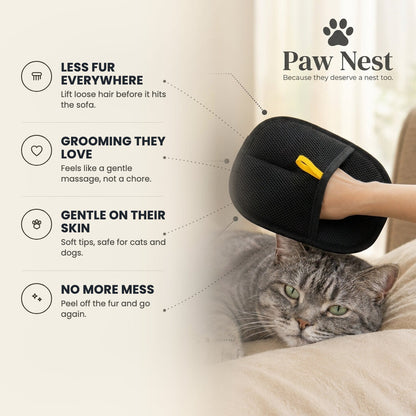 Grooming glove benefits: less fur everywhere, grooming they love, gentle on their skin, no more mess