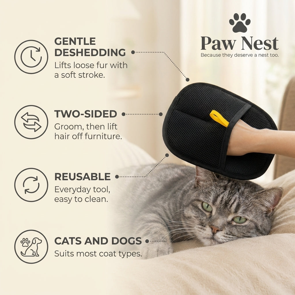 Double-sided grooming mitt benefits: gentle deshedding, two-sided, reusable, for cats and dogs