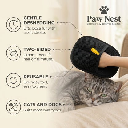 Double-sided grooming mitt benefits: gentle deshedding, two-sided, reusable, for cats and dogs
