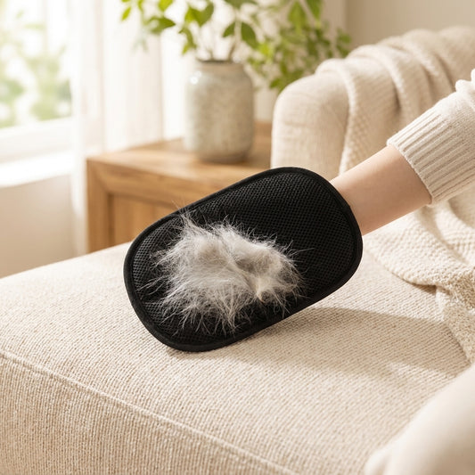 Double-sided pet grooming glove lifting loose fur from a fabric sofa