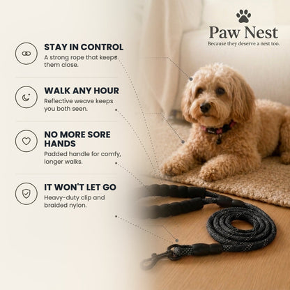 Reflective rope dog leash benefits: stay in control, walk any hour, no more sore hands, it won't let go