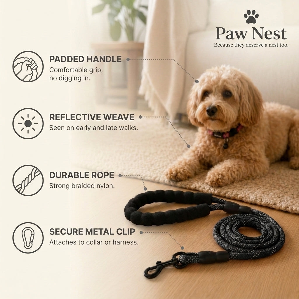 Reflective rope dog leash benefits: padded handle, reflective weave, durable rope, secure metal clip. Paw Nest.
