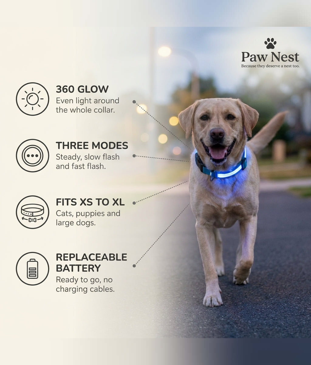 LED dog collar benefits: 360 glow, three light modes, fits XS to XL, replaceable battery