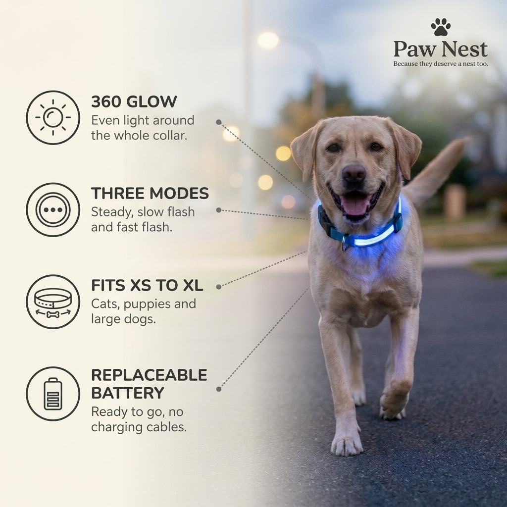 LED dog collar benefits: 360 glow, three light modes, fits XS to XL, replaceable battery