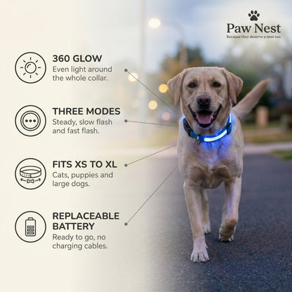 LED dog collar benefits: 360 glow, three light modes, fits XS to XL, replaceable battery