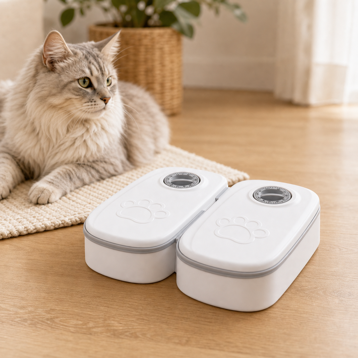 Stone grey timed pet feeder with dual timer lids in a warm home setting